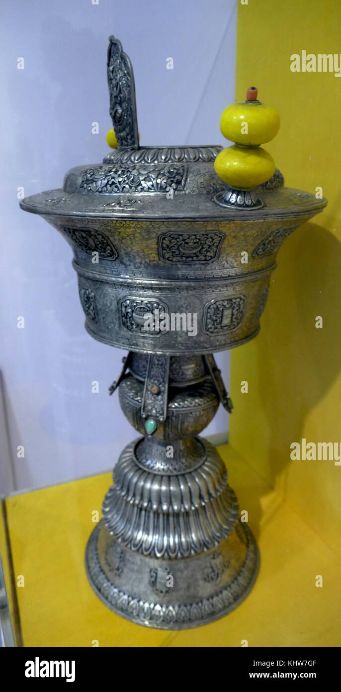 Ceremonial butter lamp made from metal and stone. Dated 20th Century