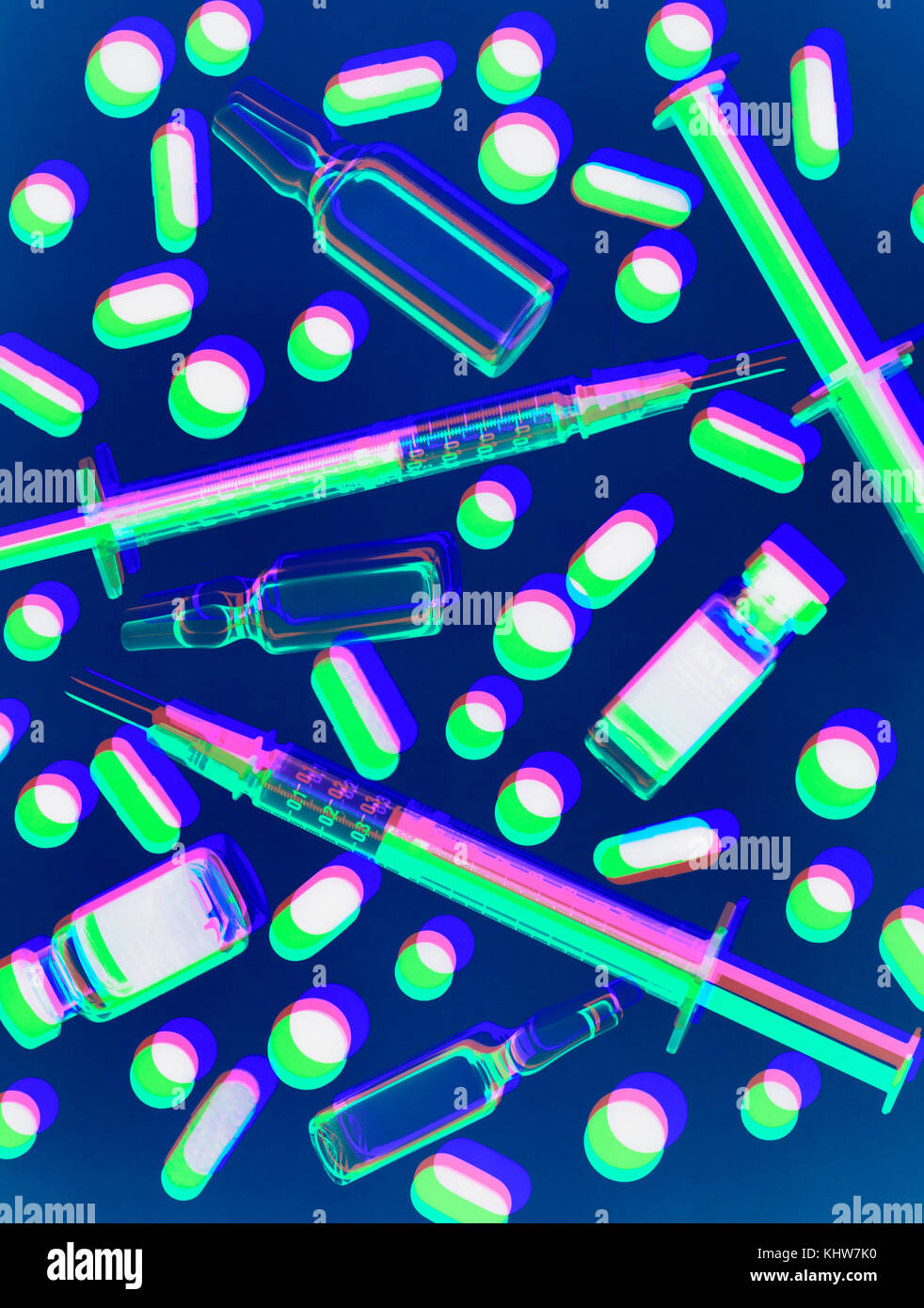 Multi exposure photogram with variety of medicine and syringes illustrating healthcare Stock Photo