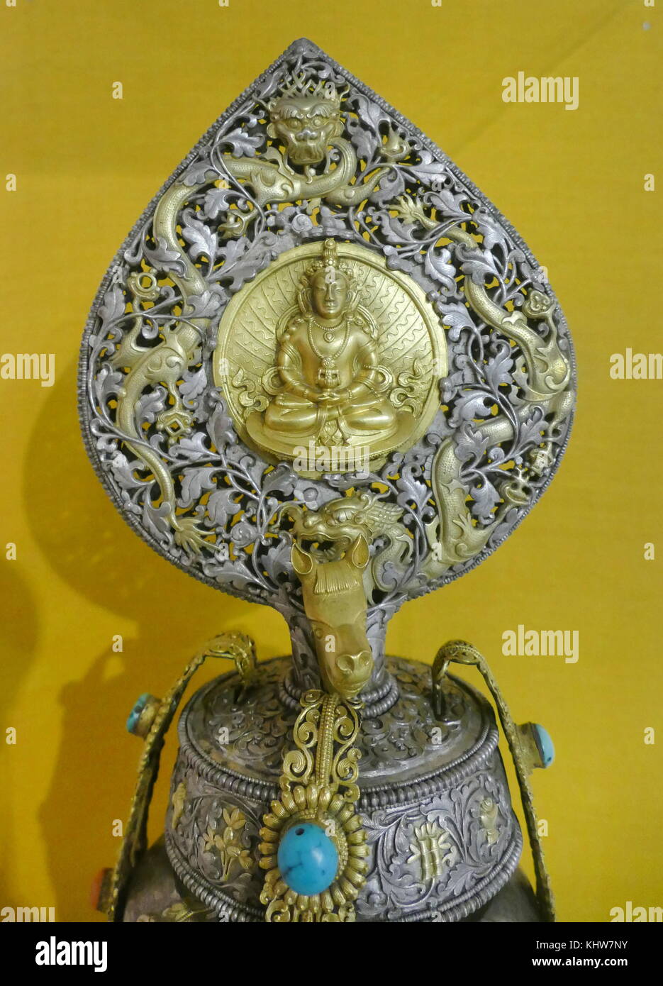 Tibetan ritual container, made from metal and decorated with semi