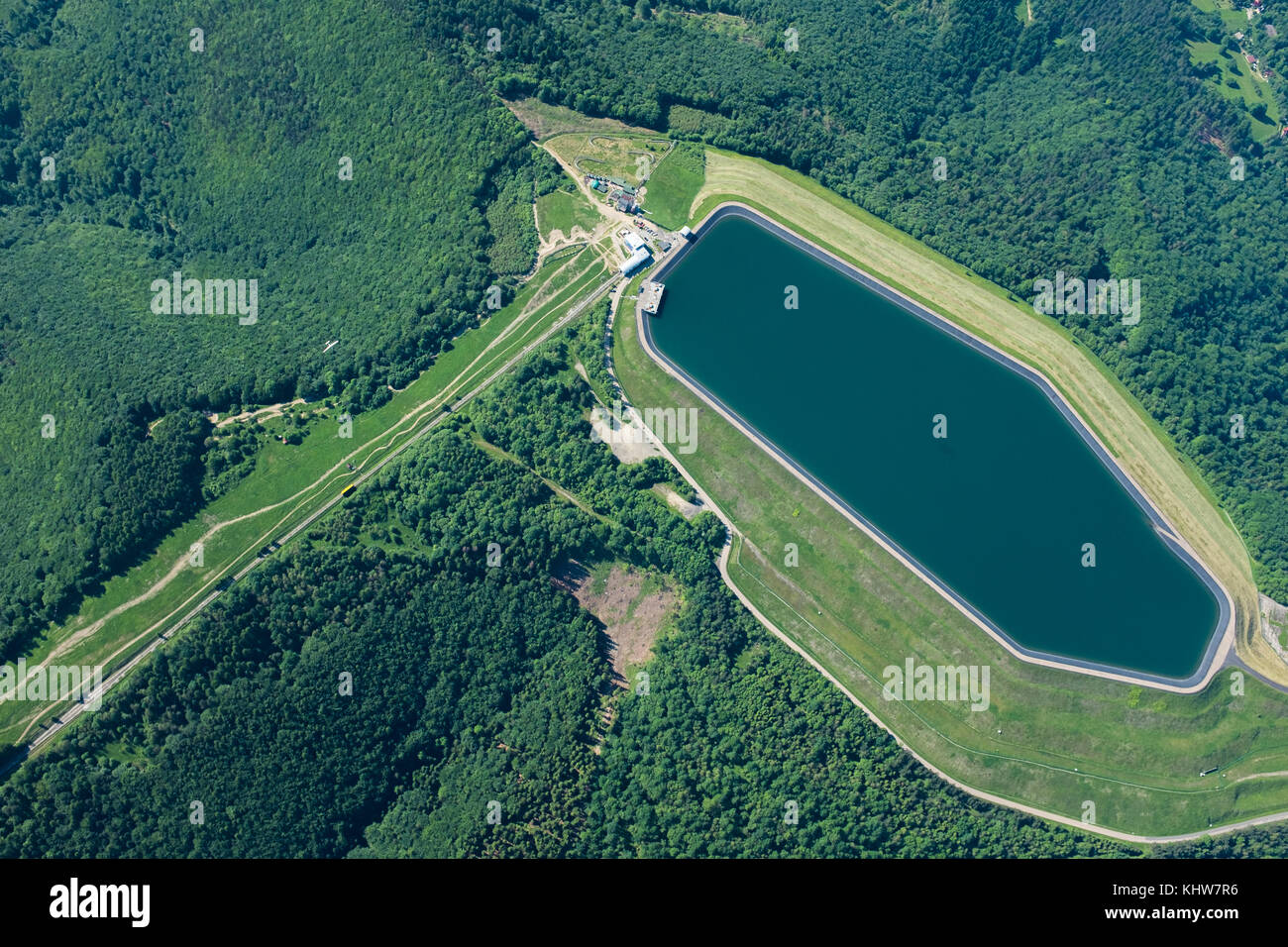 Aerial of upper washbasin of pumper storage power station on Zar mountain, Beskidy , Silesia, Poland Stock Photo