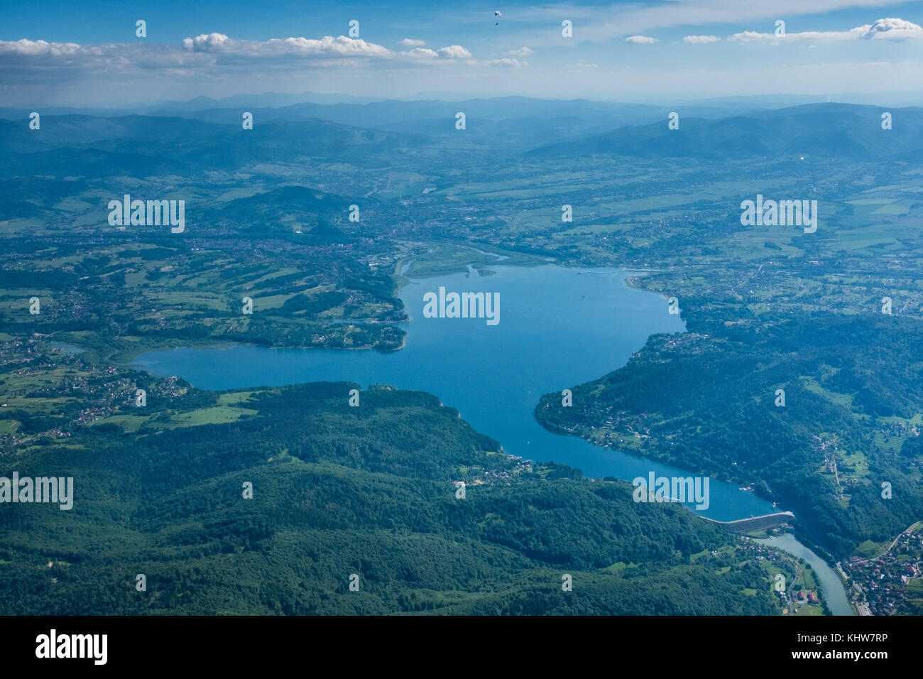Aerial view of Zywieckie lake in Beskidy mountains, Silesia, Poland Stock Photo