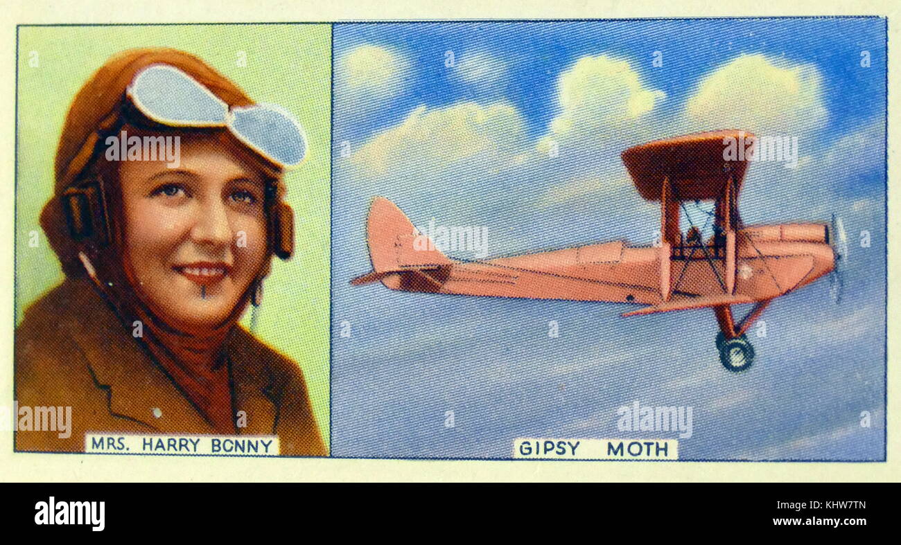 Portrait of Maude Bonney (1897-1994) an Australian aviator and the first woman to fly solo from Australia to England. Also pictured is her plane 'Gipsy Moth'. Dated 20th Century Stock Photo