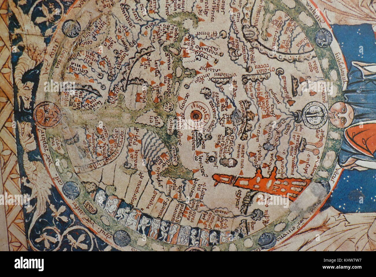 Detail from a psalter depicting Christ ruling he world, with Jerusalem at its centre. The Omphalos, the central point, was marked in the Church of the Sepulchre. Dated 13th Century Stock Photo