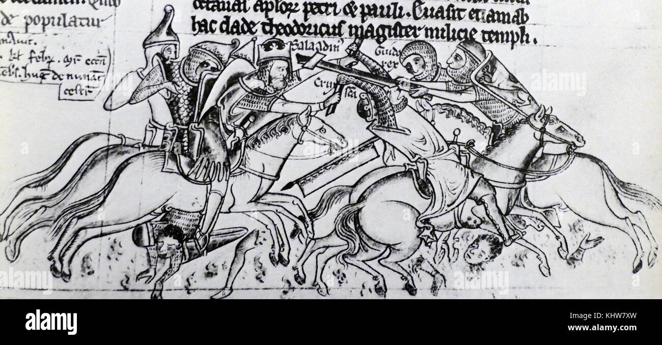 Engraving depicting a scene from the Battle of Hattiin. The Battle of Hattiin was between the Crusader states of the Leant and the forces of the Ayyubid sultan Salah ad-Din. Dated 12th Century Stock Photo