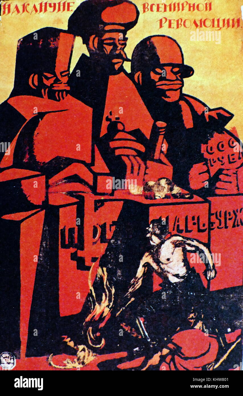 Communist propaganda poster depicting the three oppressors of the old regime- priest, Czar, and capitalist- appear as colossal statues in the revolutionary poster. Dated 20th Century Stock Photo