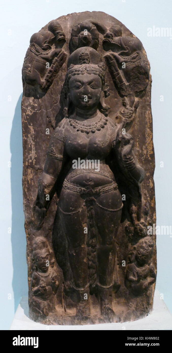 Stone statue depicting Lakshmi, the Hindu goddess of wealth, fortune