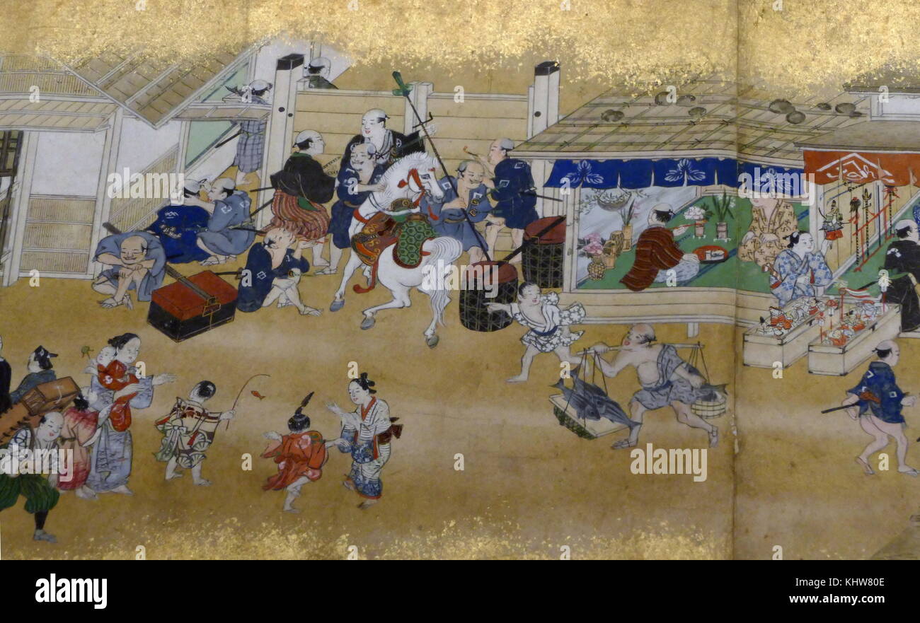 A gilded and painted scroll depicting scenes in Asakusa, Japan. Dated 18th Century Stock Photo
