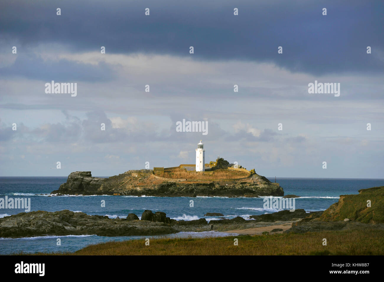 Godrevy Bay Cornwall November 2017 - Godrevy Lighthouse Stock Photo
