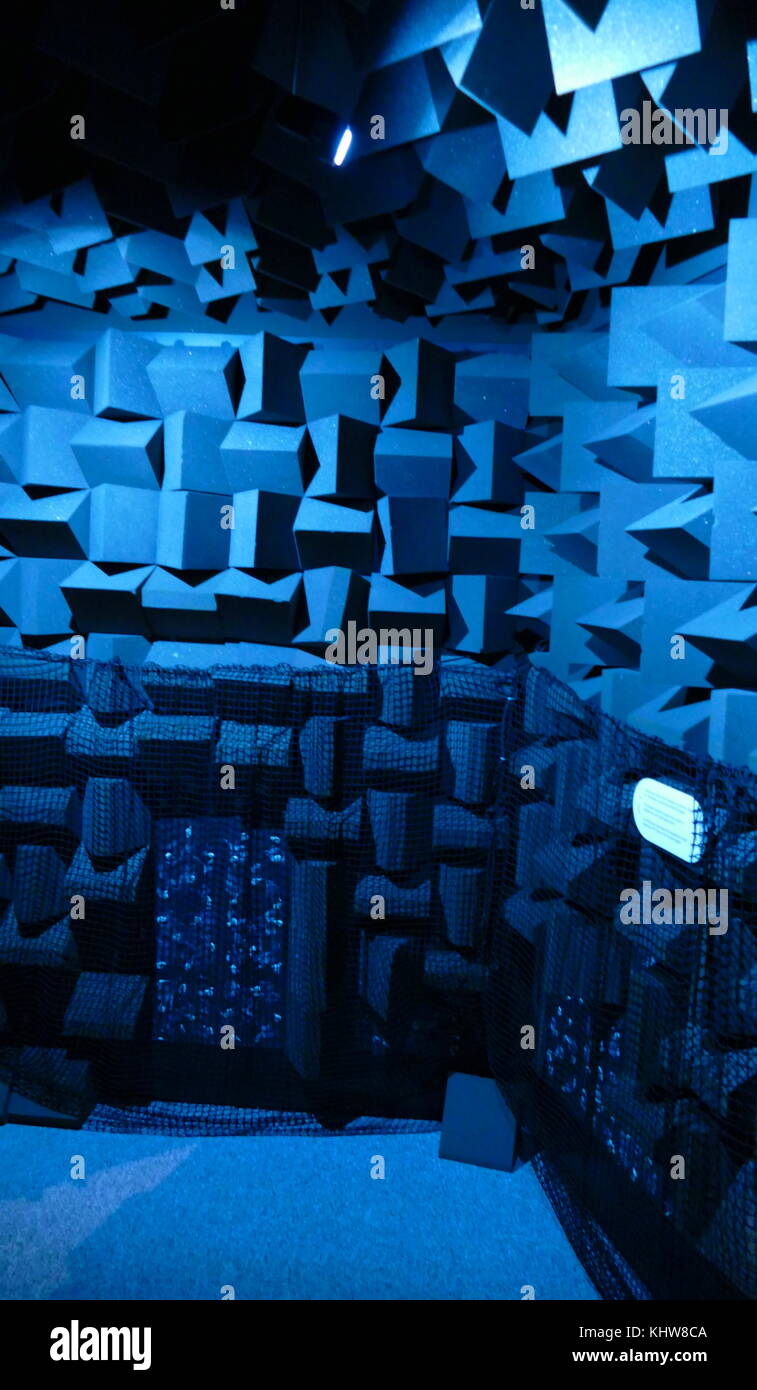 Photograph of an Anechoic Chamber. An anechoic chamber ('an-echoic' meaning non-reflective, non-echoing or echo-free) is a room designed to completely absorb reflections of either sound or electromagnetic waves. Dated 21st Century Stock Photo