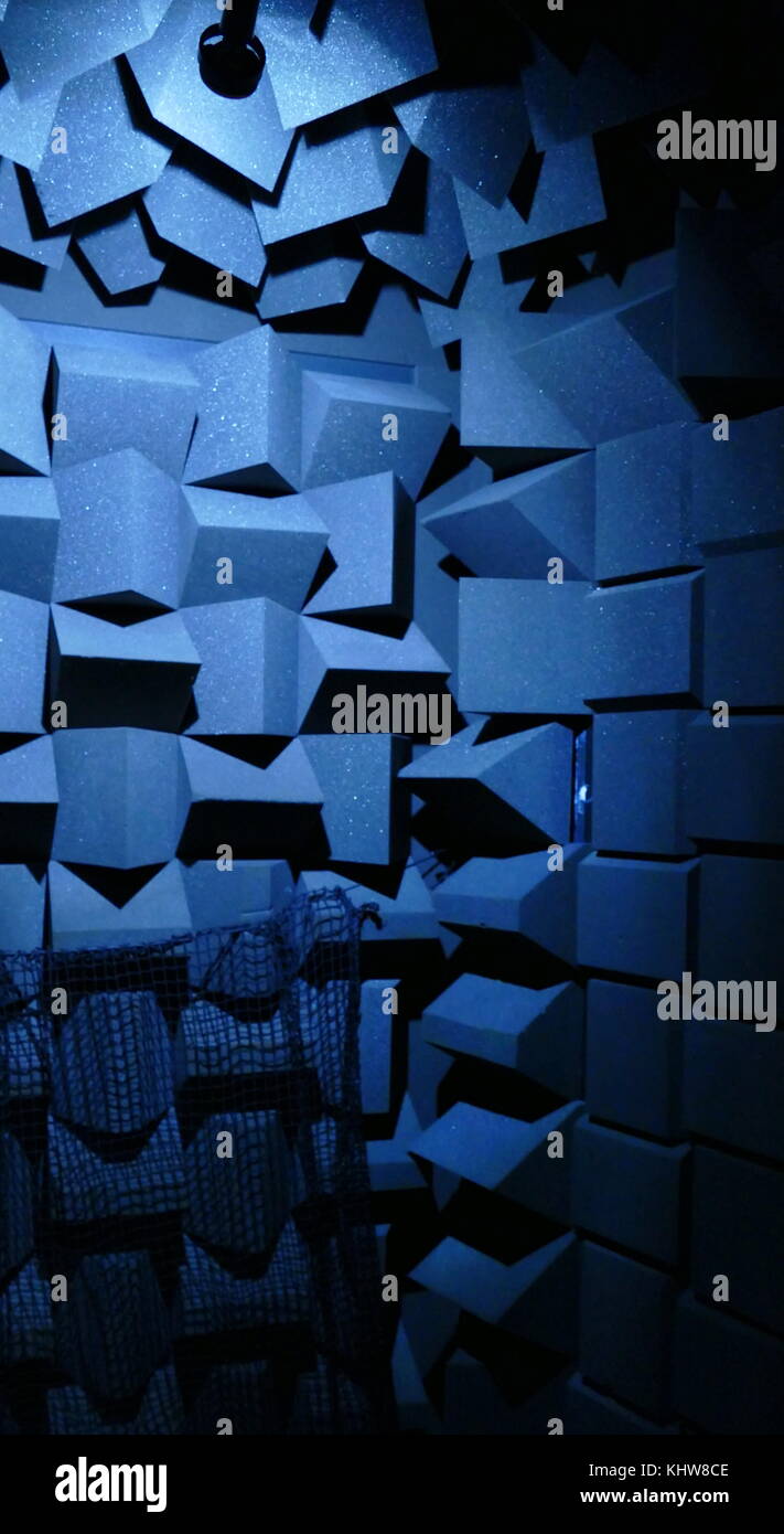 Photograph of an Anechoic Chamber. An anechoic chamber ('an-echoic' meaning non-reflective, non-echoing or echo-free) is a room designed to completely absorb reflections of either sound or electromagnetic waves. Dated 21st Century Stock Photo