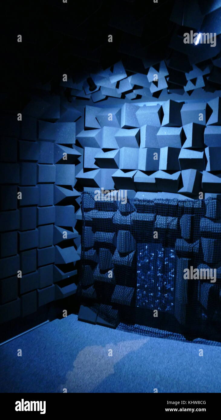 Photograph of an Anechoic Chamber. An anechoic chamber ('an-echoic' meaning non-reflective, non-echoing or echo-free) is a room designed to completely absorb reflections of either sound or electromagnetic waves. Dated 21st Century Stock Photo