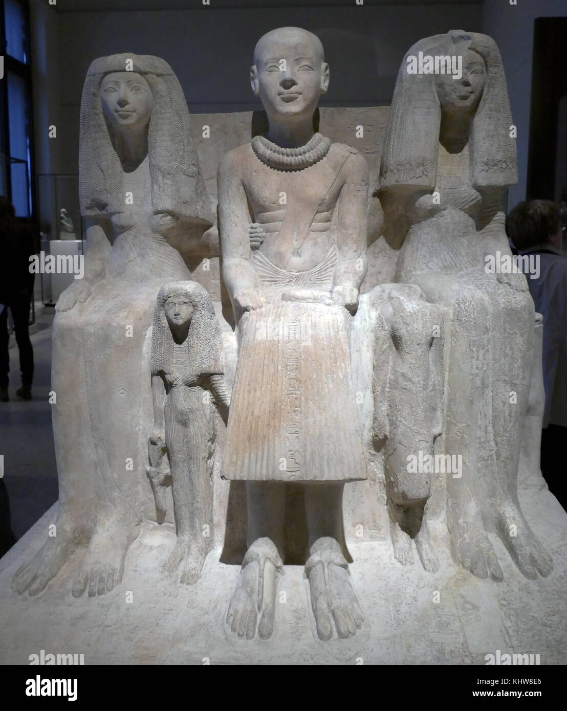 Statue of a family group of Ptah-mai, chief of the Wab-priests of Ptah, carved from limestone, from the 19th Dynasty. Dated 13th Century BC Stock Photo