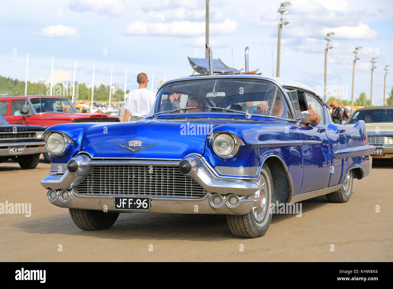FORSSA, FINLAND - AUGUST 2, 2015: Classic blue Cadillac 4D Sedan Series 62 at Pick-Nick Car Show in Forssa, Finland. Stock Photo
