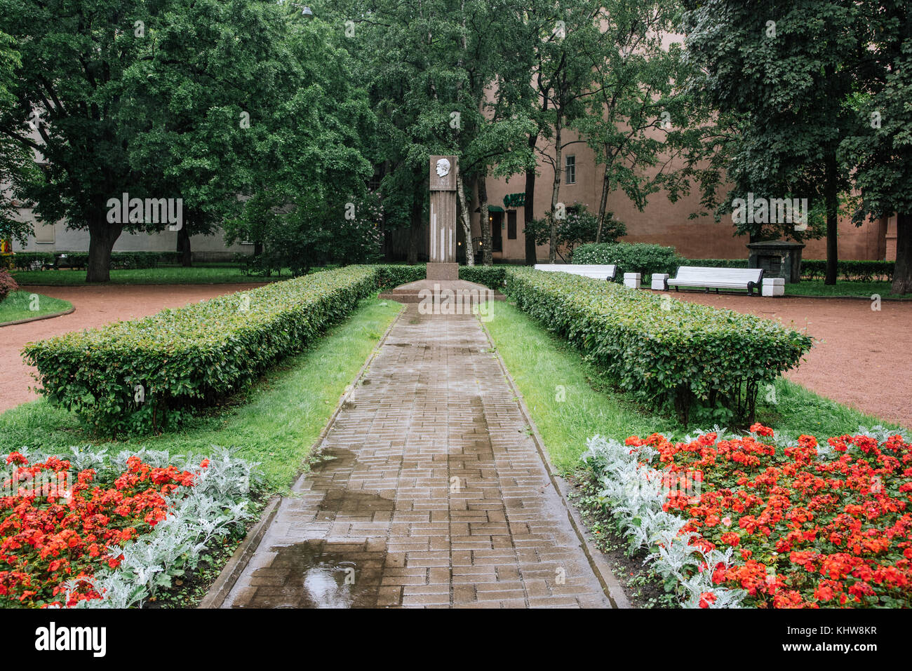 SAINT PETERSBURG. RUSSIA - JULY 01 2017. A monument to Galina Starovoitova, the Park on the corner of Suvorovsky Prospekt and the streets Moiseenko. Stock Photo