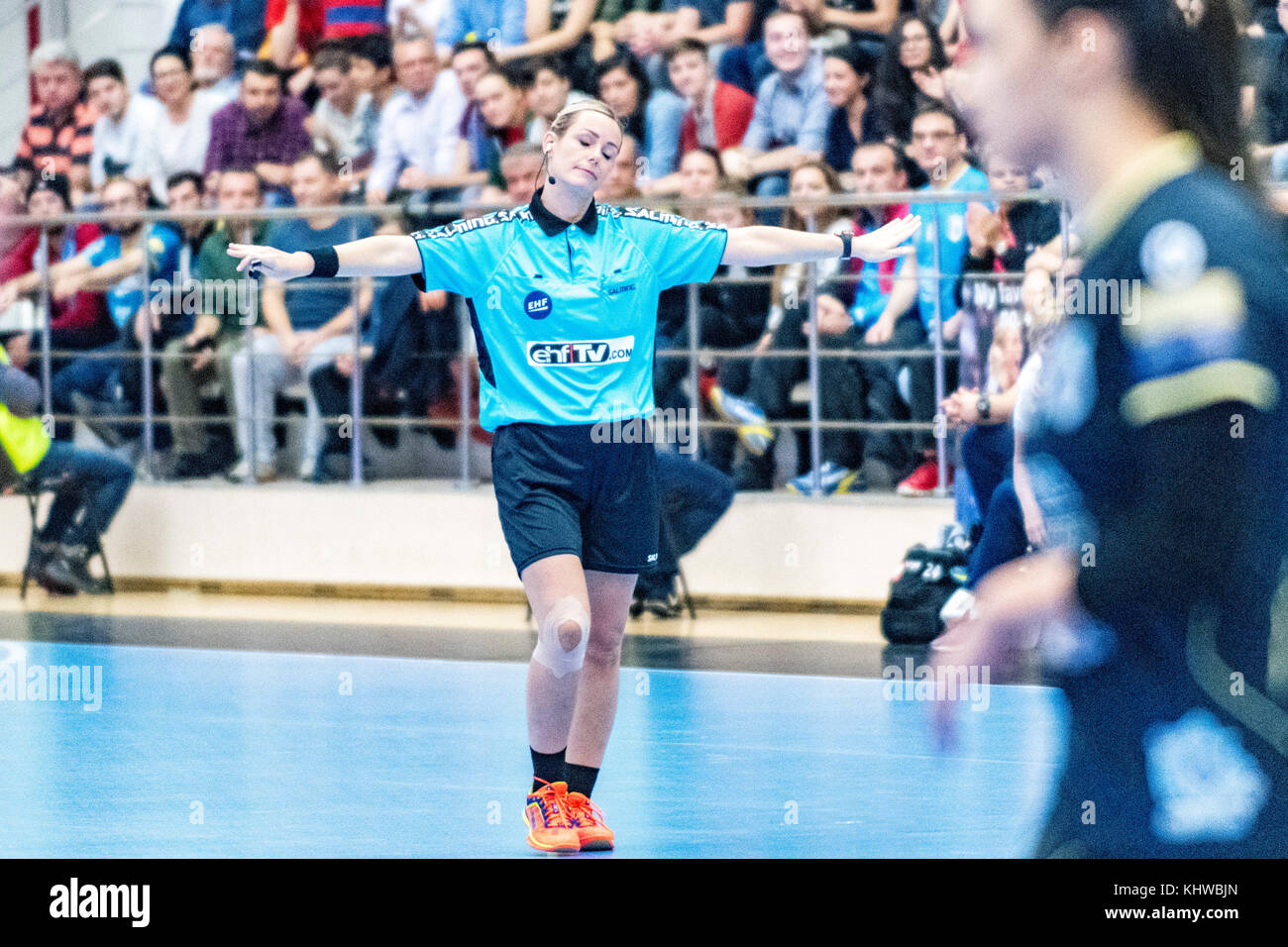 November 19, 2017: Marlis Wenninger (EHF Referee from Austria) during the EHF Woman's Champions League game between  CSM Bucharest (ROU) vs Vistal Gdynia (POL) at Dinamo Polyvalent Hall in Bucharest, Romania ROU. Copyright: Cronos/Catalin Soare Stock Photo