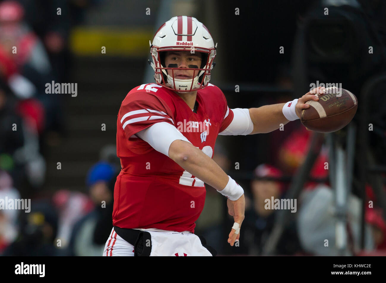 Madison, WI, USA. 18th Nov, 2017. Wisconsin Badgers quarterback Alex Hornibrook #12 delivers a pass during the NCAA Football game between the Michigan Wolverines and the Wisconsin Badgers at Camp Randall Stadium in Madison, WI. Wisconsin defeated Michigan 24-10. John Fisher/CSM/Alamy Live News Stock Photo