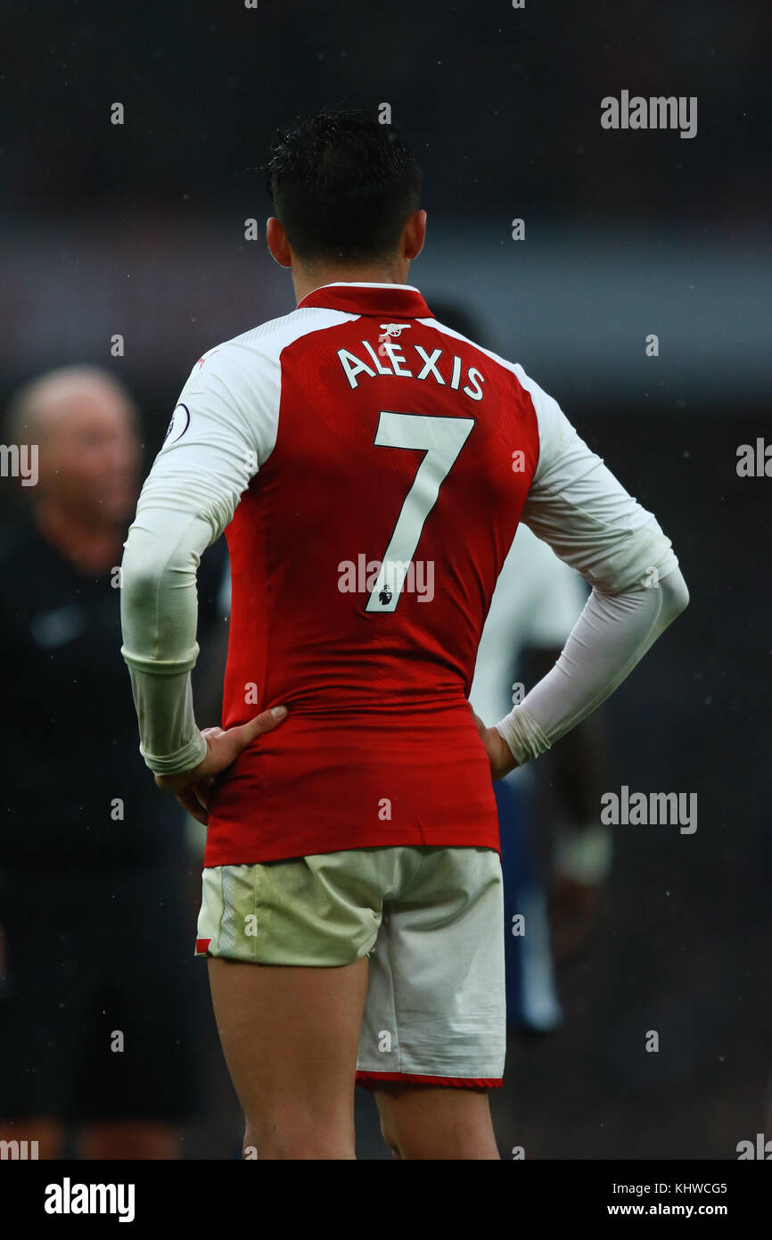 Alexis Sanchez (A) with one leg of his shorts rolled up at the Arsenal v  Tottenham Hotspur English Premier League match at The Emirates Stadium,  London, on November 18, 2017. **This picture