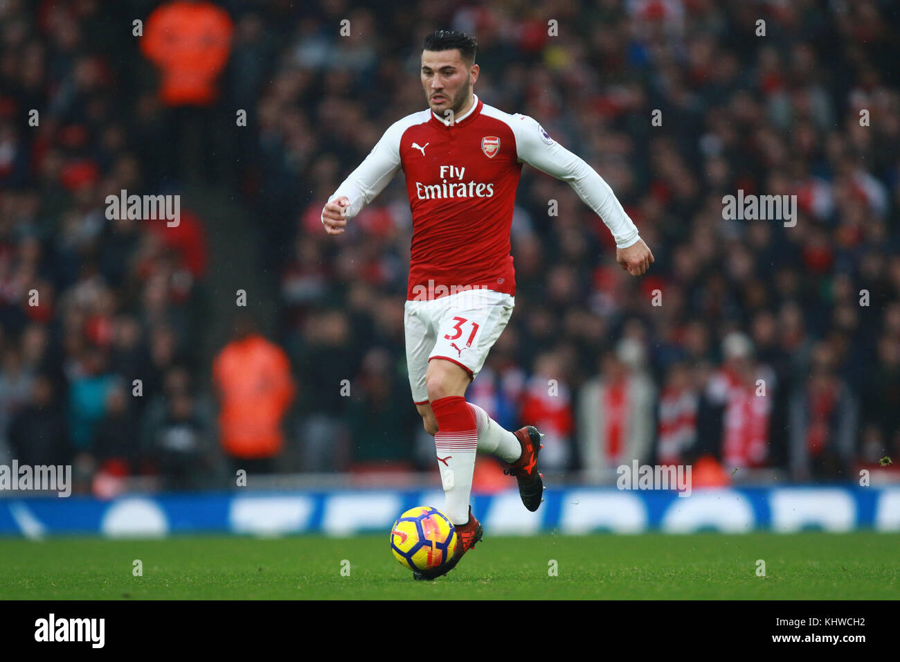 Sead Kolasinac (A) at the Arsenal v Tottenham Hotspur English Premier League match at The Emirates Stadium, London, on November 18, 2017. **This picture is intended for editorial use only** Stock Photo