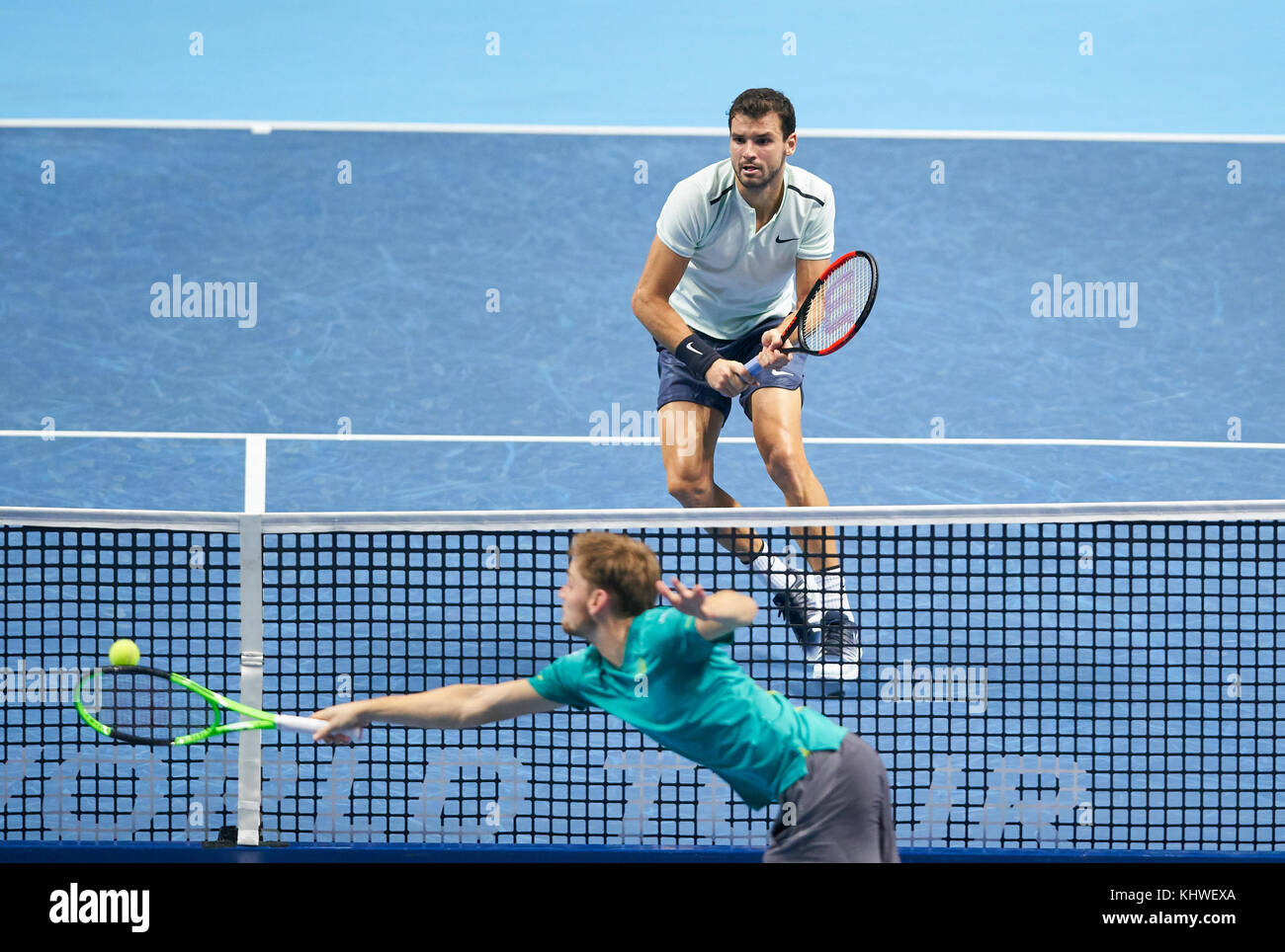 London, UK. 19th Nov, 2017. ATP Tennis, London, November 19, 2017 Both  players play volley at the net Grigor DIMITROV wins against David GOFFIN,  BEL 7-5, 4-6, 6-3 at the Final match