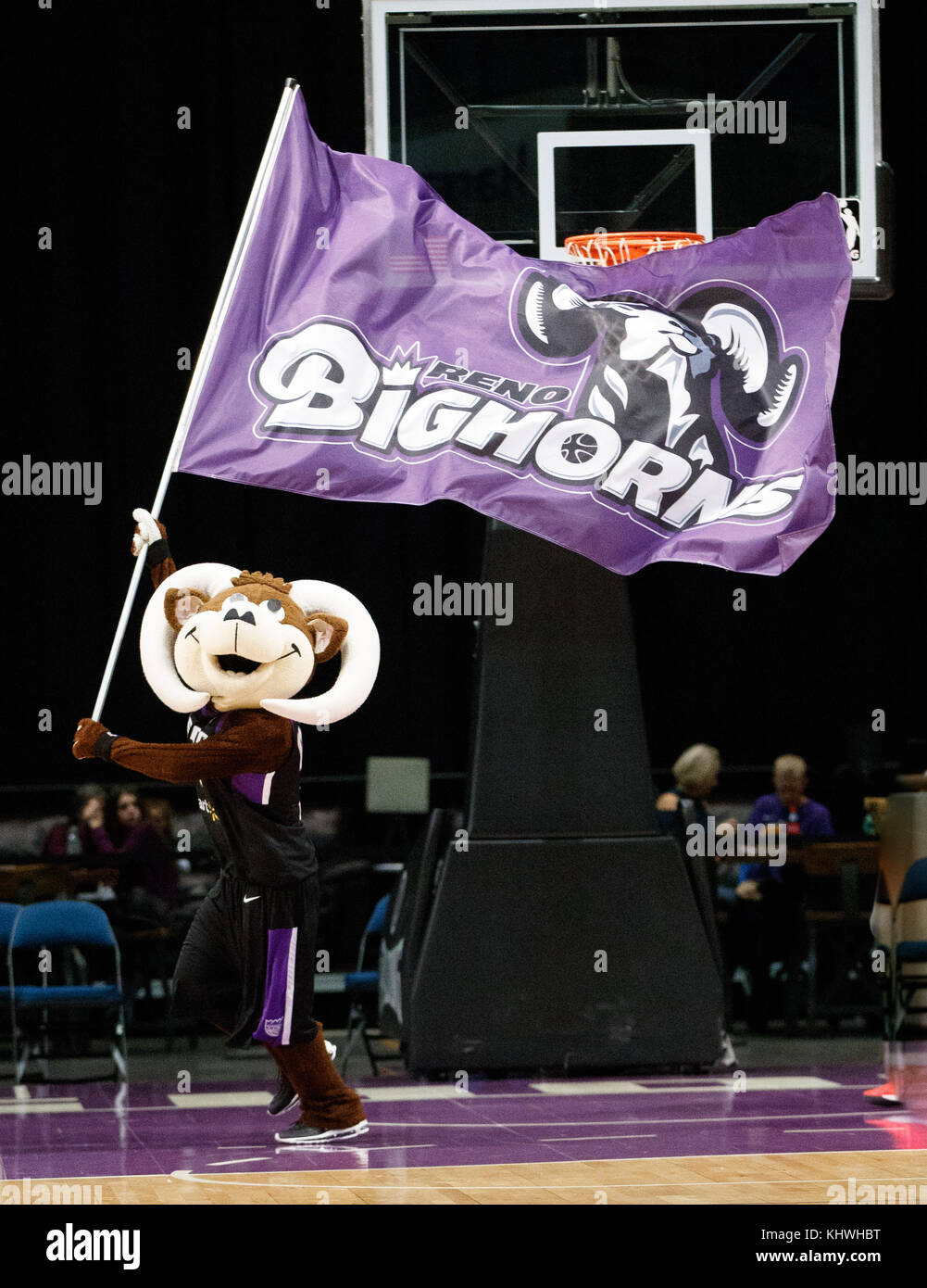 Reno, Nevada, USA. 19th Nov, 2017. Bruno the Bighorn sports the new Sacramento Kings inspired color scheme for the 2017-2018 season before the NBA G-League Basketball game between the Reno Bighorns and the Long Island Nets at the Reno Events Center in Reno, Nevada. Credit: Jeff Mulvihill/ZUMA Wire/Alamy Live News Stock Photo