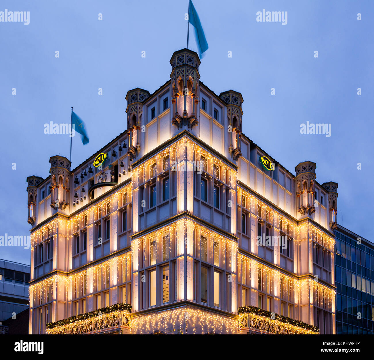 Germany, Cologne, the 4711 house at the Glockengasse, ancestral home of the perfume factory Muelhens, illumination during christmas time.  Deutschland Stock Photo