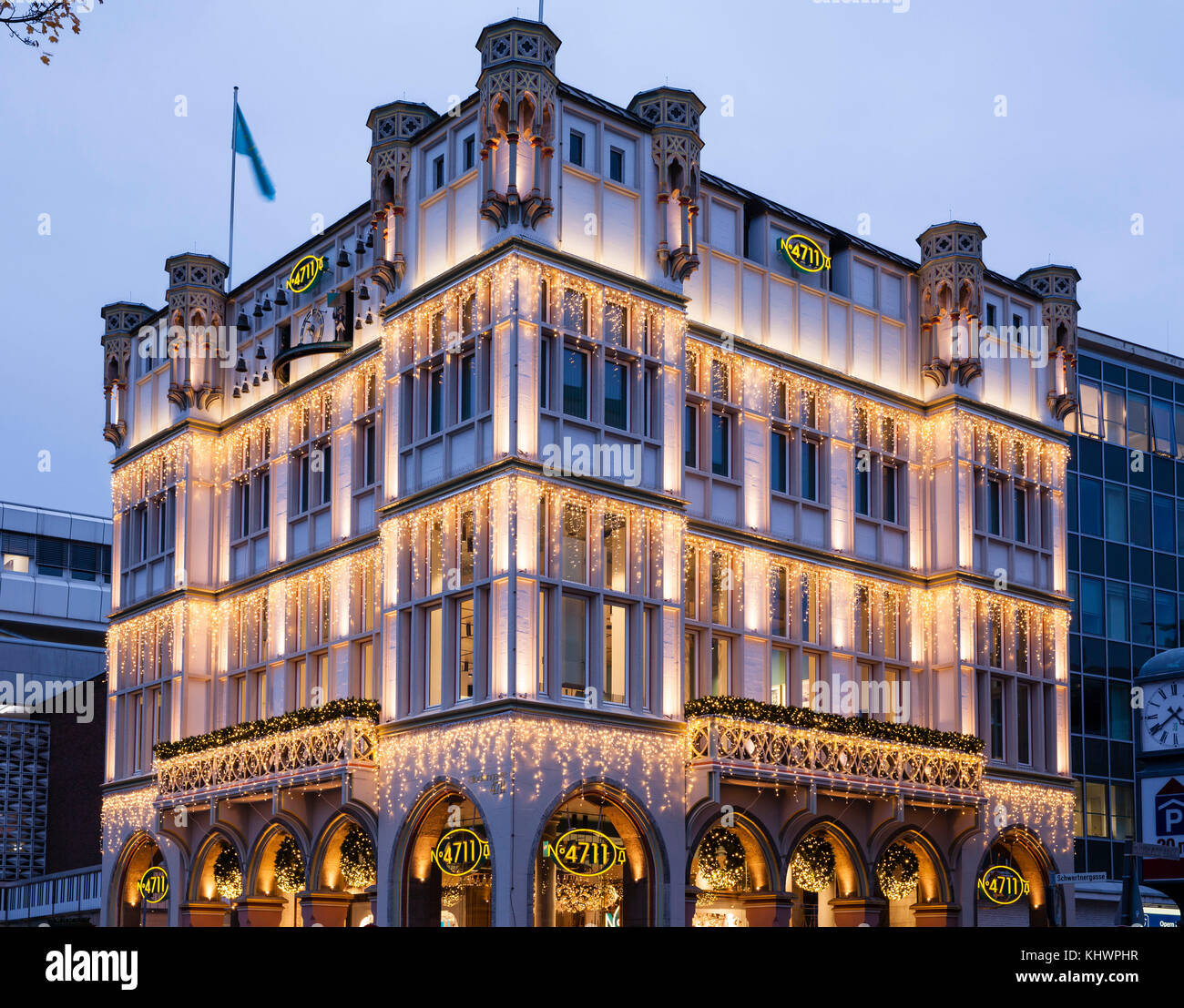 Germany, Cologne, the 4711 house at the Glockengasse, ancestral home of the perfume factory Muelhens, illumination during christmas time.  Deutschland Stock Photo