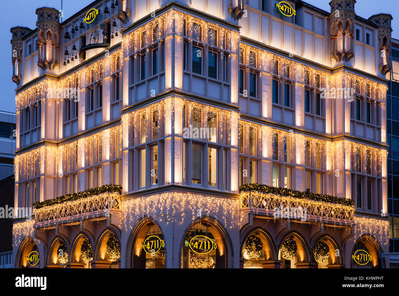 Germany, Cologne, the 4711 house at the Glockengasse, ancestral home of the perfume factory Muelhens, illumination during christmas time.  Deutschland Stock Photo