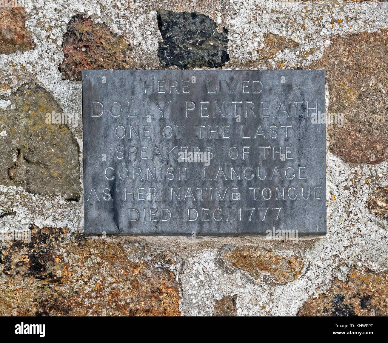 a memorial plaque on the home of Dolly Pentreath on of the last speakers of the cornish language as her native tongue, died december 1777. Stock Photo