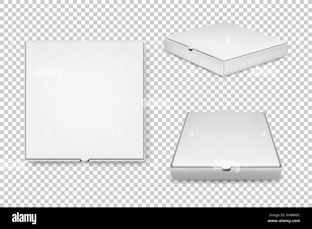 Realistic vector white pizza boxes icon set. Corporate identity and branding elements. Closeup isolated on transparent background. Design template, mockup in EPS10. Stock Vector