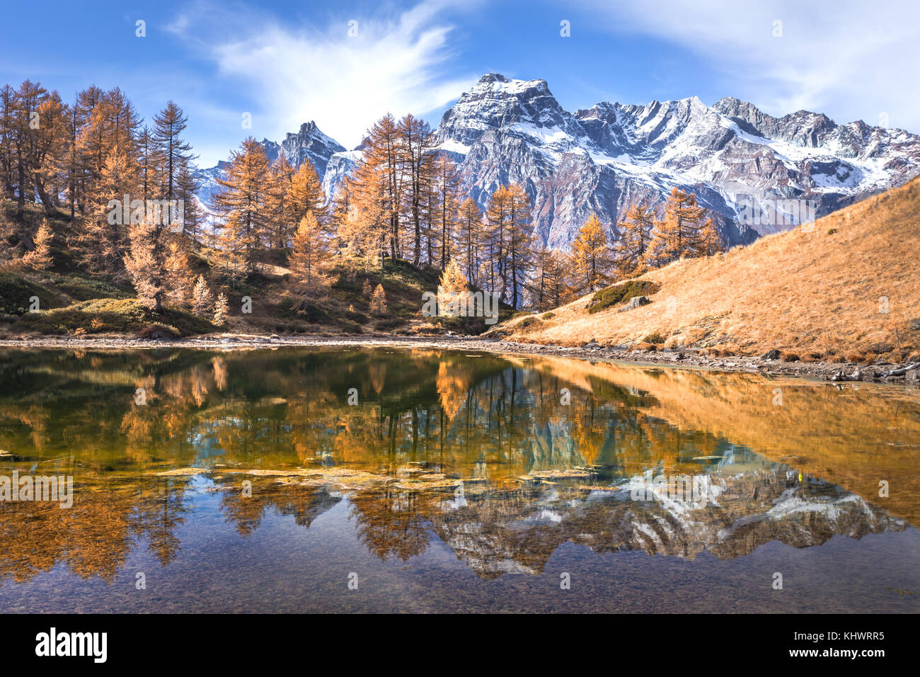 Reflection into Lago del Sangiatto in Alpe Devero in autumn, province of Verbano Cusio - Ossola, Piemonte, Italy Stock Photo