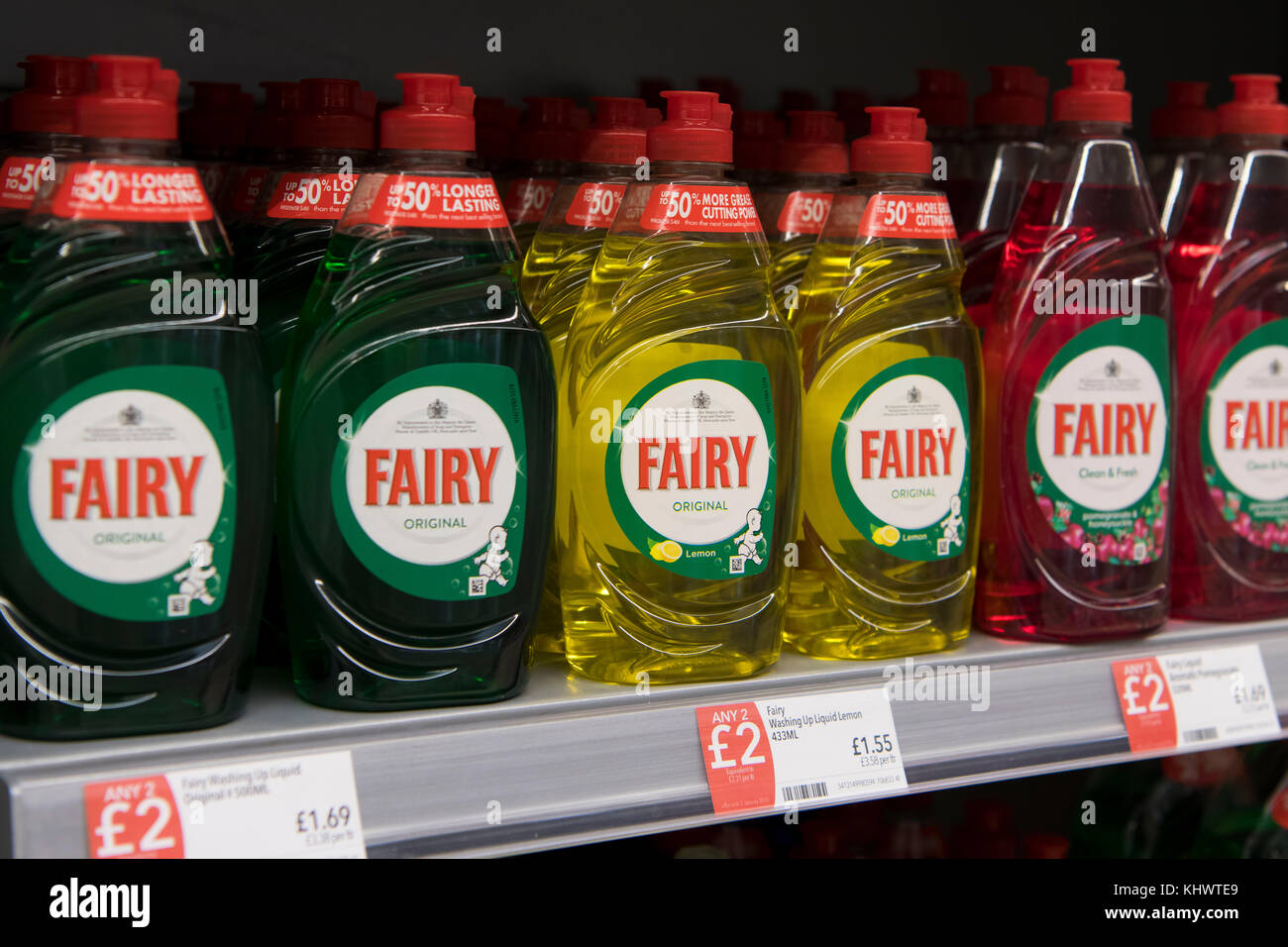 Bottles of fairy liquid on sale on a shelf in a supermarket store in the UK. Stock Photo