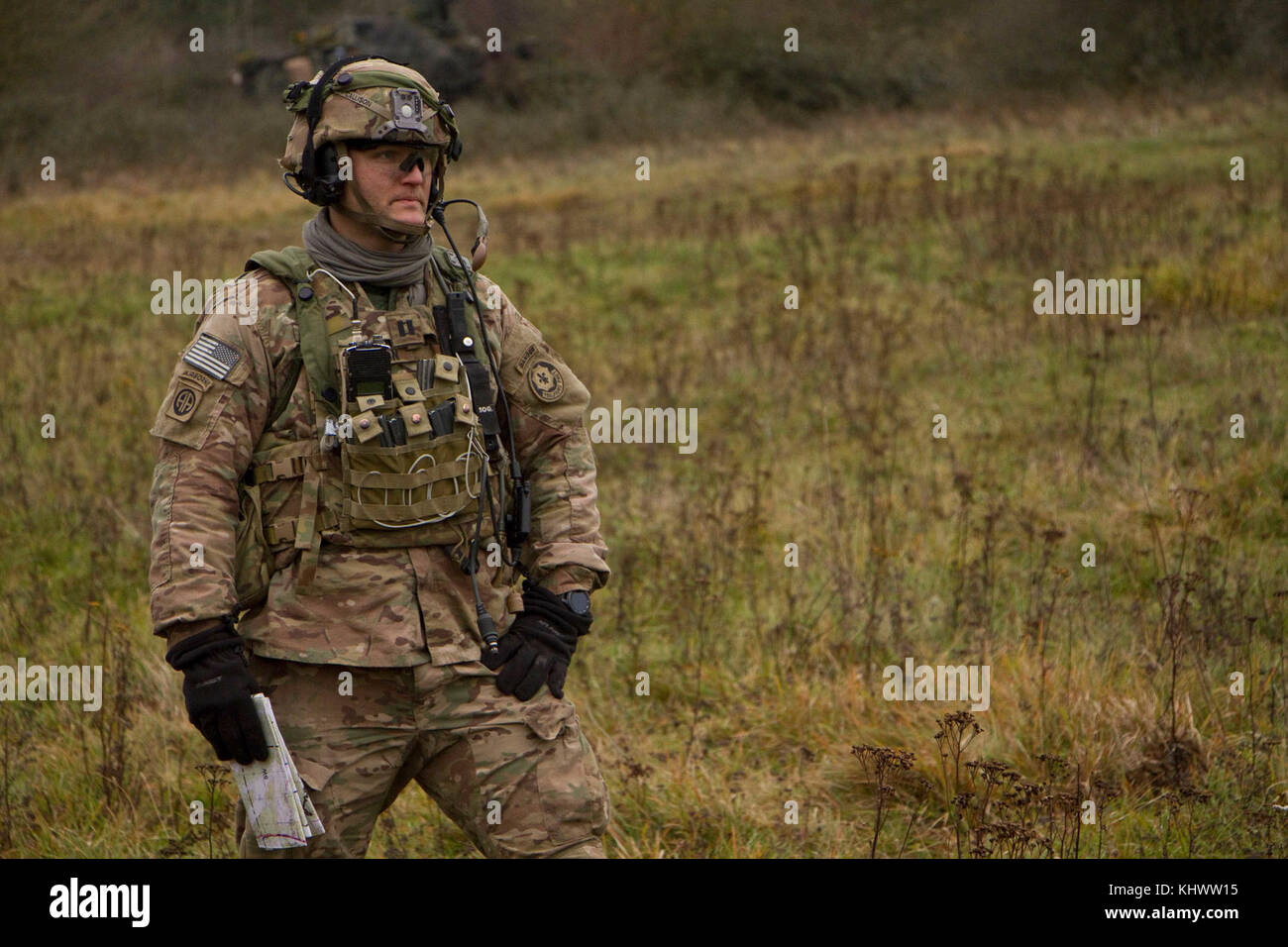 Capt. Jason Callison, commander for Apache Troop, 1st Squadron, 2d Cavalry Regiment, observes his mortar squad practicing a fire drill with their M224 60mm mortar system during Allied Spirit VII at the 7th Army Training Command’s Hohenfels Training Area, Germany Nov. 16, 2017. Mortarmen can move and emplace their system then fire it quickly and accurately on the battlefield. Allied Spirit is a U.S. Army Europe-directed, 7ATC-conducted multinational exercise series designated to develop and enhance NATO nations interoperability and readiness. Stock Photo