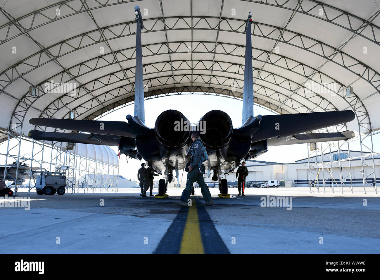 An F-15E Strike Eagle pilot with the 335th Fighter Squadron, conducts a ...