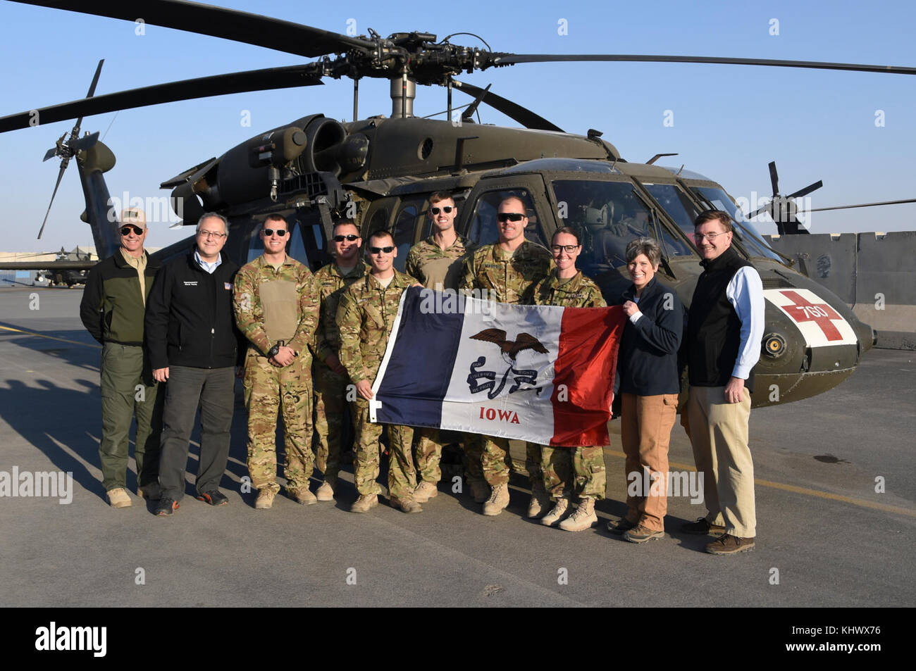 Senator Joni Ernst, Senate Armed Services Committee, visited with Soldiers of Task Force Marauder in Afghanistan Nov. 18, 2017, and received a briefing on the mission of the task force while deployed, focusing primarily on the MEDEVAC assets provided by the Iowa National Guard, Det. 1, C Co., 2-211th General Support Aviation Battalion. Task Force Marauder is made up of Soldiers from South Carolina National Guard, Illinois National Guard, Iowa National Guard, as well as active duty component and provides aviation capabilities with AH64 Apaches, UH60 Black Hawks, CH47 Chinooks, and MEDEVAC asset Stock Photo