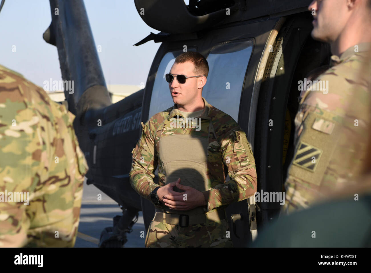 Senator Joni Ernst, Senate Armed Services Committee, visited with Soldiers of Task Force Marauder in Afghanistan Nov. 18, 2017, and received a briefing on the mission of the task force while deployed, focusing primarily on the MEDEVAC assets provided by the Iowa National Guard, Det. 1, C Co., 2-211th General Support Aviation Battalion. Task Force Marauder is made up of Soldiers from South Carolina National Guard, Illinois National Guard, Iowa National Guard, as well as active duty component and provides aviation capabilities with AH64 Apaches, UH60 Black Hawks, CH47 Chinooks, and MEDEVAC asset Stock Photo