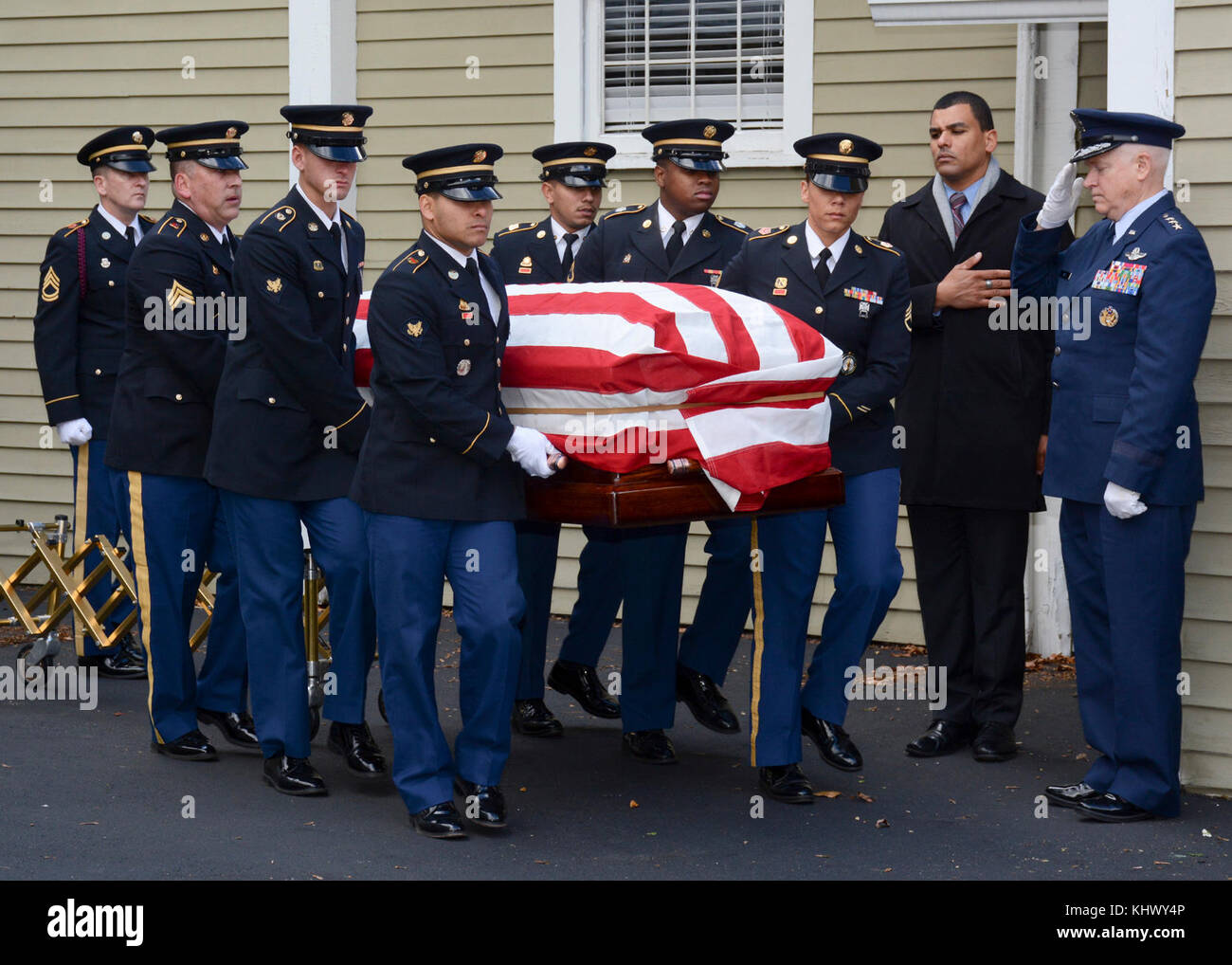 CONCORD, Mass. (Nov. 15, 2017) The Military Funeral Honors Team of the Massachusetts Army National Guard carries the casket of Medal of Honor recipient Capt. Thomas J. Hudner, Jr., during a funeral procession in Capt. Hudner’s honor. Capt. Hudner, a naval aviator, received the Medal of Honor for his actions during the Battle of the Chosin Reservoir during the Korean War. Stock Photo