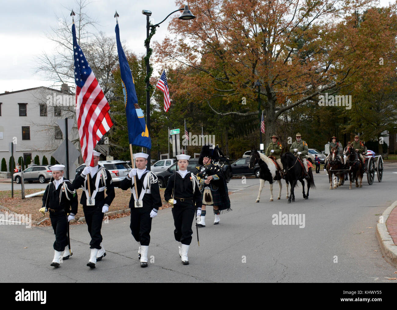 CONCORD, Mass. (Nov. 15, 2017) A USS Constitution color guard leads the funeral procession of Medal of Honor recipient Capt. Thomas J. Hudner, Jr. Hudner was a naval aviator and received the Medal of Honor for his actions during the Battle of the Chosin Reservoir during the Korean War. Stock Photo