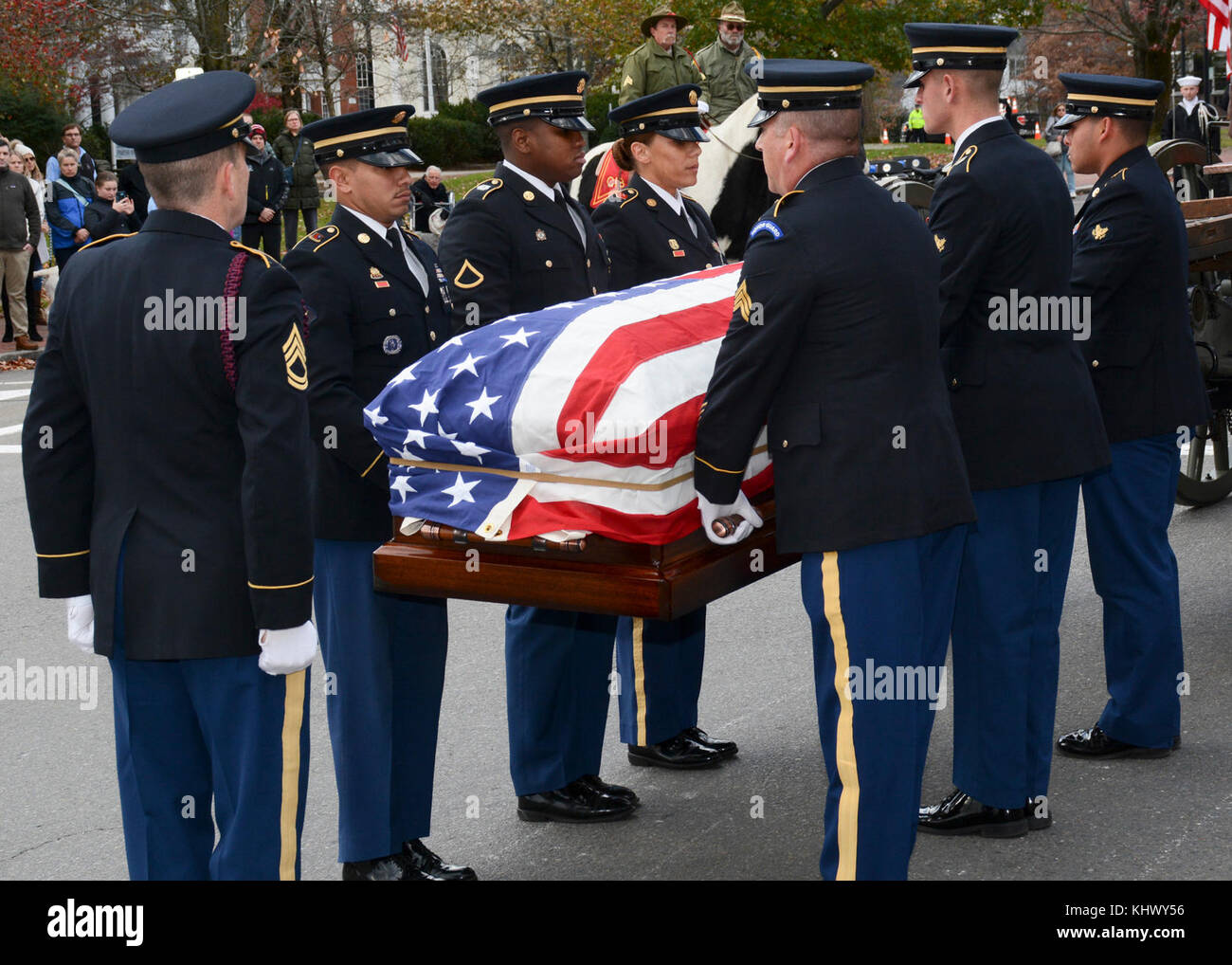 CONCORD, Mass. (Nov. 15, 2017) The Military Funeral Honors Team of the Massachusetts Army National Guard carries the casket of Medal of Honor Recipient Capt. Thomas J. Hudner, Jr., during a funeral procession in Capt. Hudner’s honor. Capt. Hudner, a naval aviator, received the Medal of Honor for his actions during the Battle of the Chosin Reservoir during the Korean War. Stock Photo