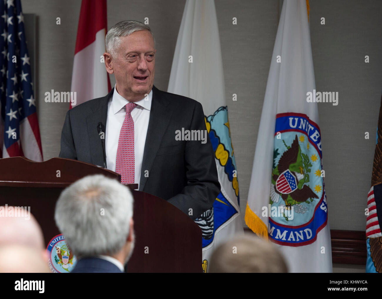 Secretary of Defense, James Mattis answers a question from the audience during an “All Call” held on Peterson AFB, CO, Nov 16, 2017. Secretary Mattis received briefings on the current missions of the commands and the unique nature of the two commands that are responsible for the defense of the United States and Canada. (DoD Photo By: N&NC Public Affairs) Stock Photo