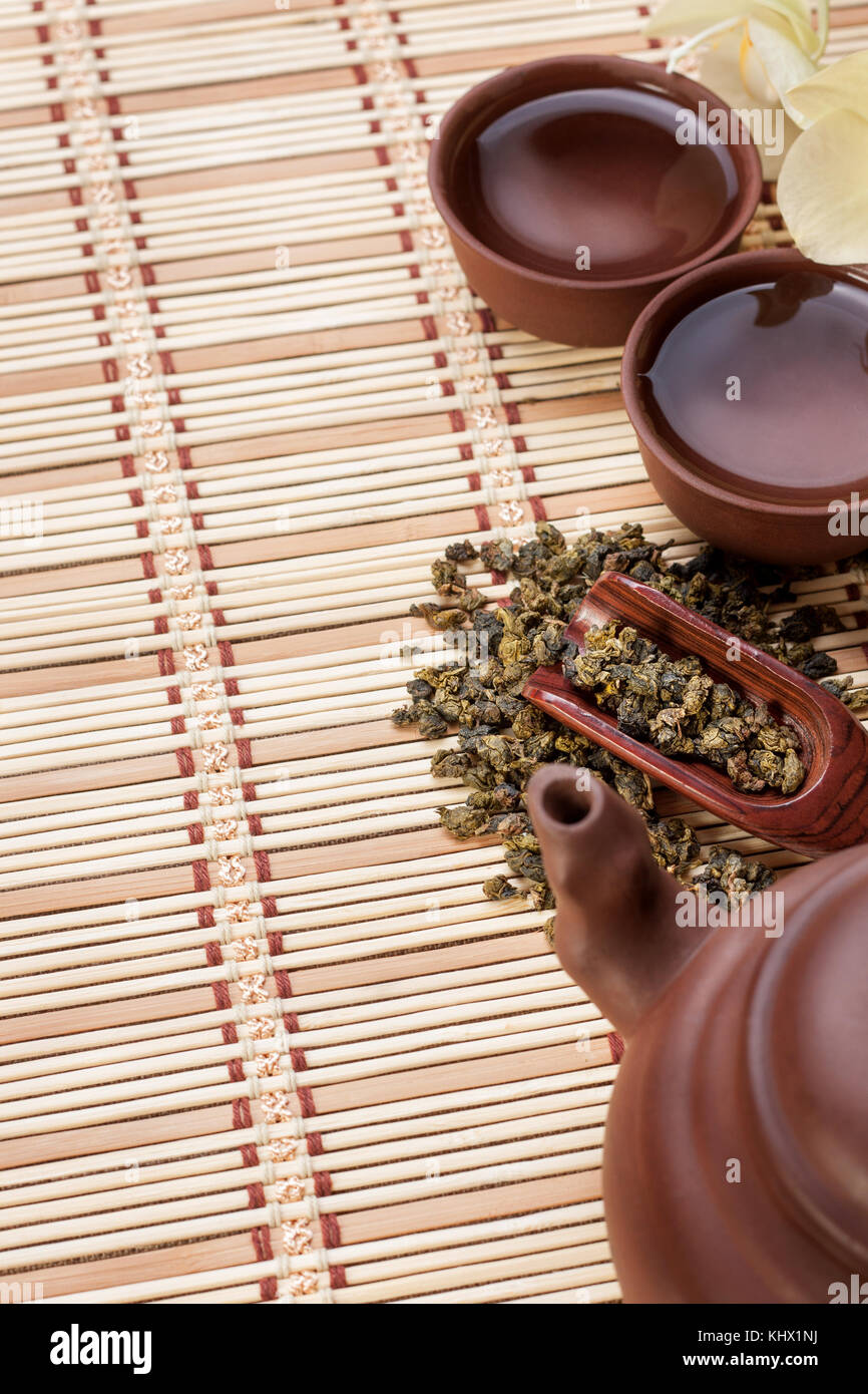 Chinese green tea, ceramic teapot, two tea cups on a wooden background. view from above Stock Photo