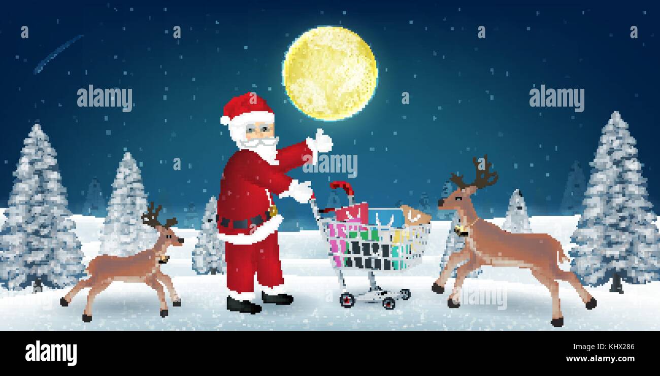 santa claus with reindeer and shopping bag on cart Stock Vector Image ...