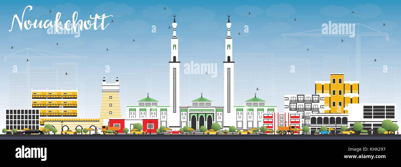 Nouakchott Mauritania Skyline with Color Buildings and Blue Sky. Vector Illustration. Business Travel and Tourism Concept with Modern Architecture. Stock Vector