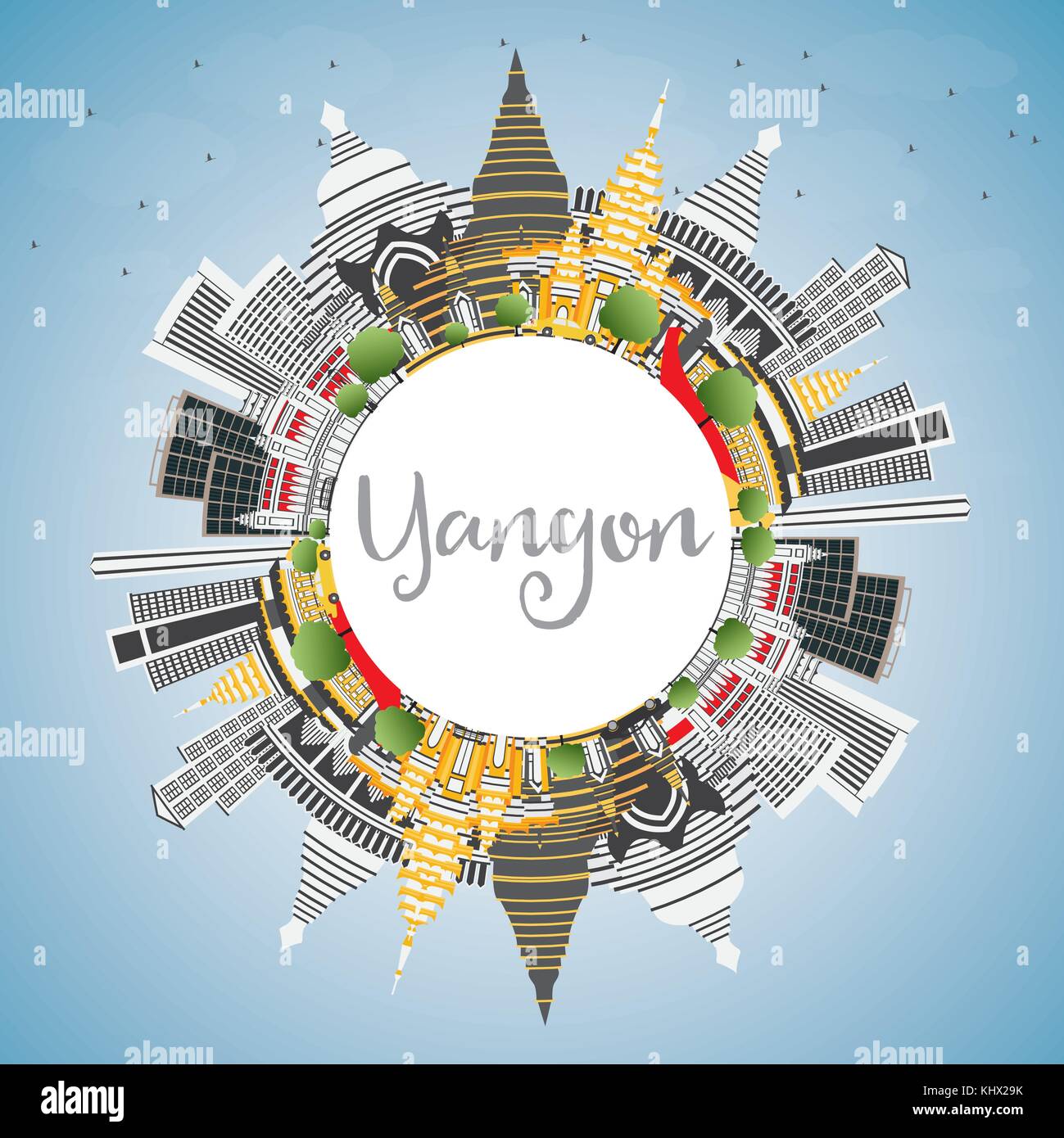 Yangon Skyline with Gray Buildings, Blue Sky and Copy Space. Vector Illustration. Business Travel and Tourism Concept with Historic Architecture. Stock Vector