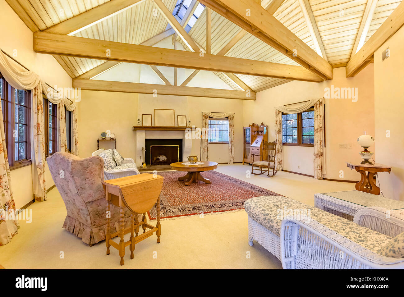 Bright Open And Warm Living Room With Vaulted Ceilings And Rug