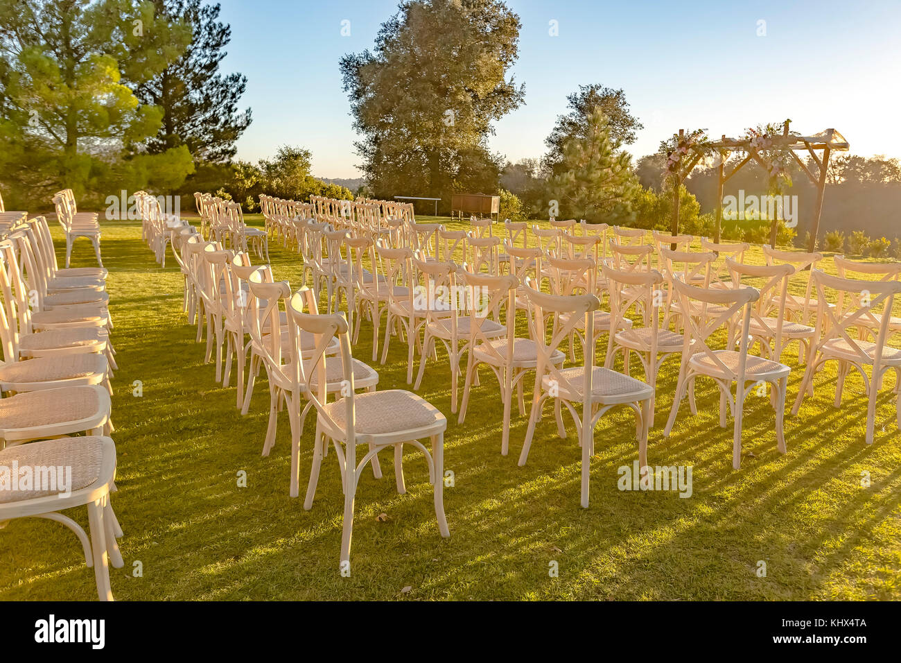 Golden hour of the wedding seating area from side. Wonderful seating