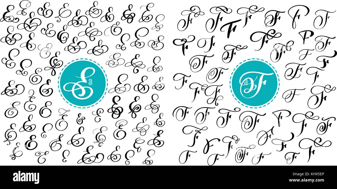 Set letter E, F. Hand drawn vector flourish calligraphy. Script font. Isolated letters written with ink. Handwritten brush style. Hand lettering for logos packaging design poster. Stock Vector