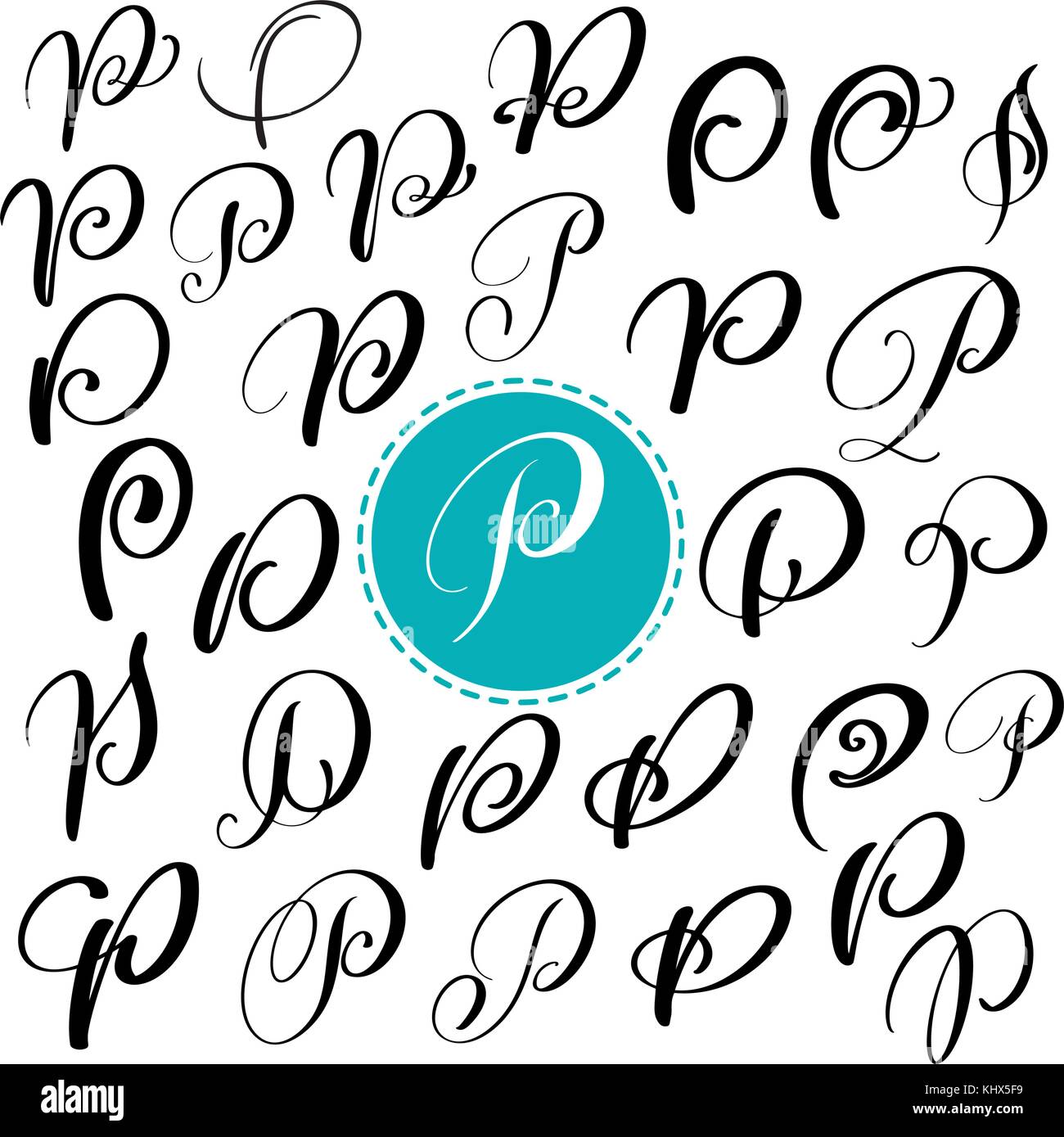 Set letter P. Hand drawn vector flourish calligraphy. Script font. Isolated letters written with ink. Handwritten brush style. Hand lettering for logos packaging design poster. Stock Vector