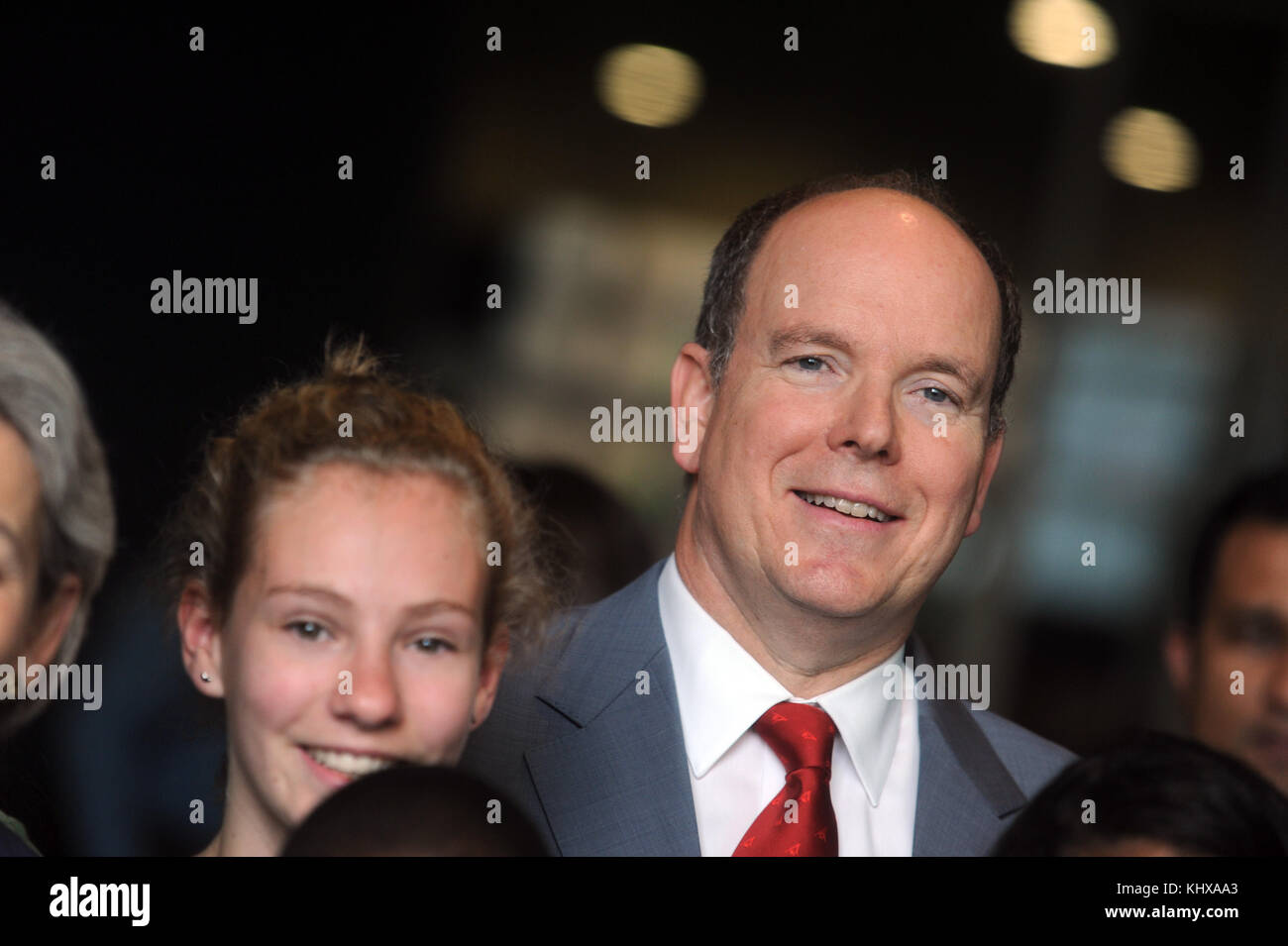 NEW YORK, USA - JUNE 08:  UN Ocean Conference in New York UNHQ PRINCE ALBERT II  AND ADRIAN GRANIER   sign  ocean pledge with children from around the world  at the United Nations (UN) Headquarters in New York, NY, United States on June 08, 2017    People:  Prince Albert II of Monaco Stock Photo