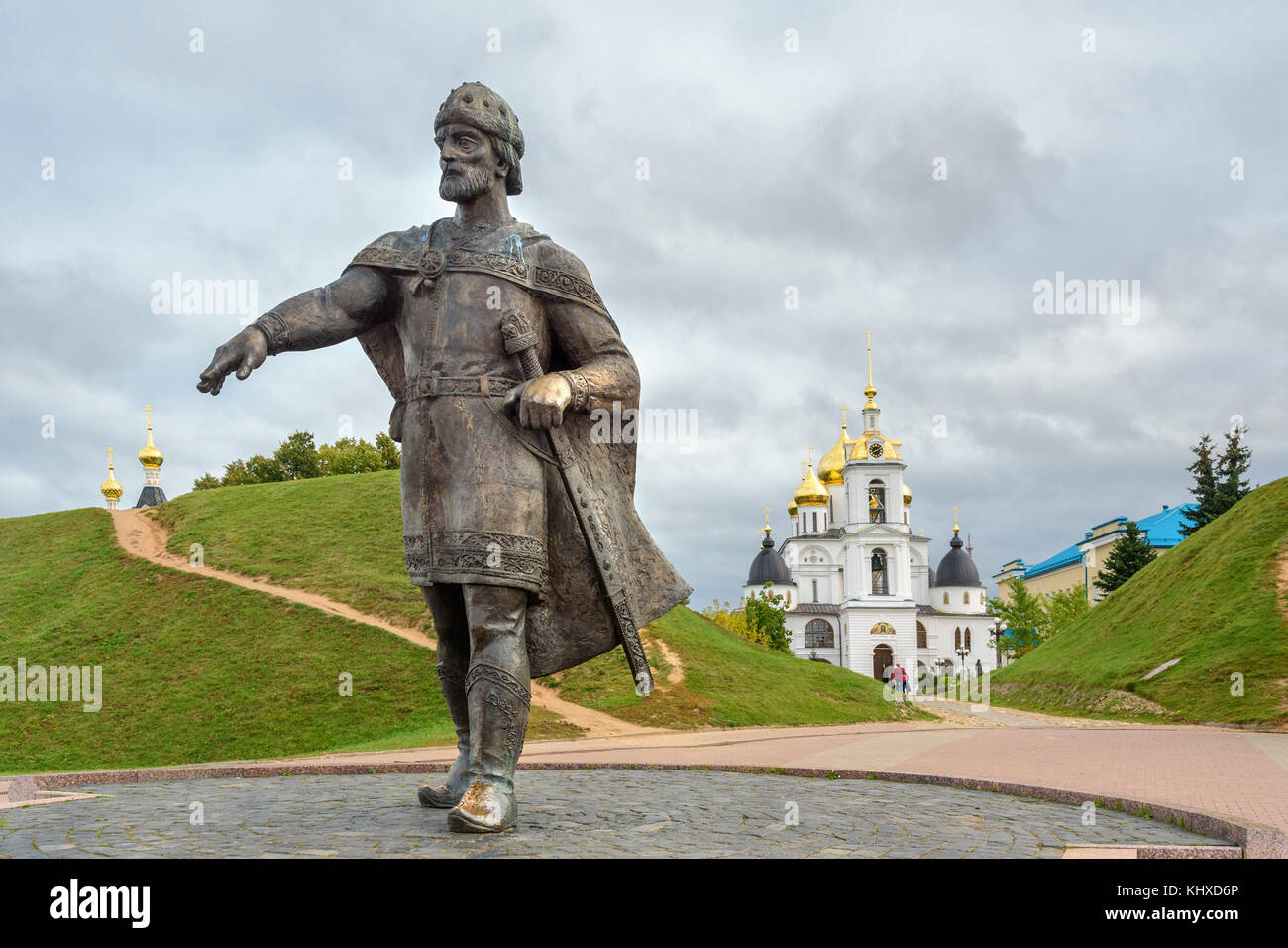 Dmitrov, Russia - September 22, 2017: Monument Old Russian Prince Yuri Dolgoruky. Cathedral of the Assumption in Dmitrov Kremlin on the background Stock Photo