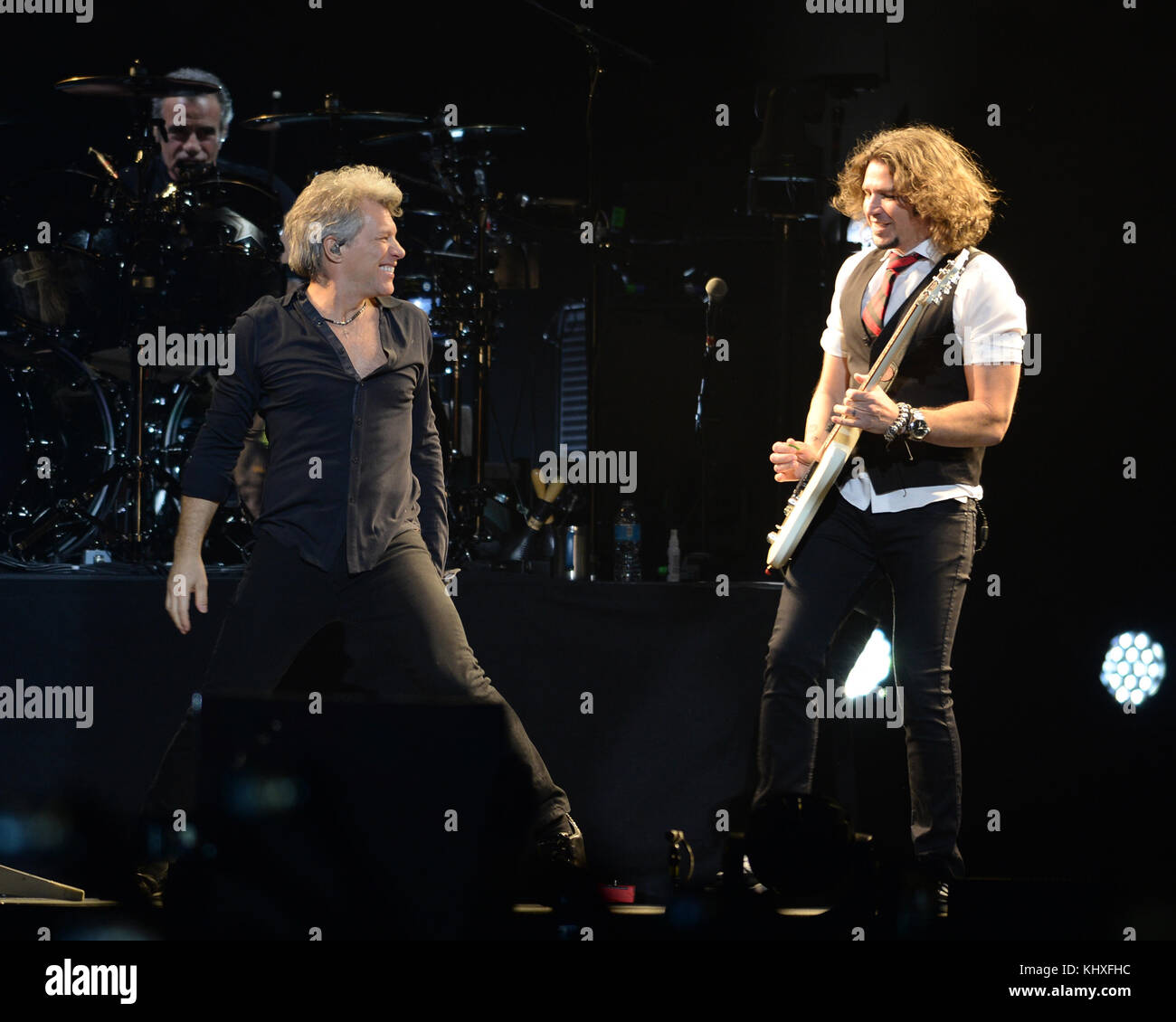SUNRISE, FL - FEBRUARY 12:  Jon Bon Jovi, Phil X of Bon Jovi performs at The BB&T Center on February 12, 2017 in Sunrise, Florida  People:  Jon Bon Jovi, Phil X Stock Photo